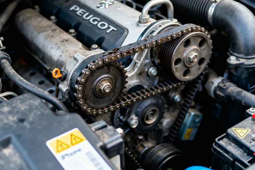 Moteur Peugeot avec chaîne et poulies visibles dans un compartiment moteur, étiquette avertissement en premier plan.