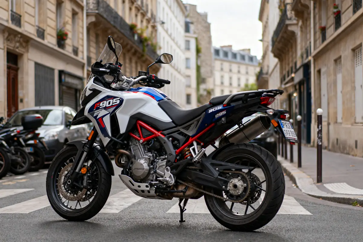 Moto F 905 garée dans une rue citadine, bâtiments en arrière-plan, éclairage naturel.