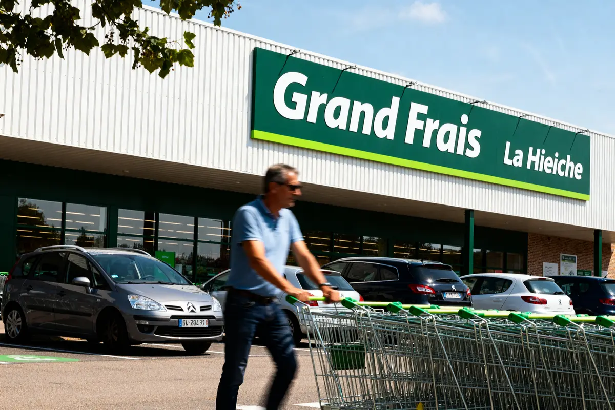 Entrée du magasin Grand Frais La Hieiche avec des caddies et des voitures.