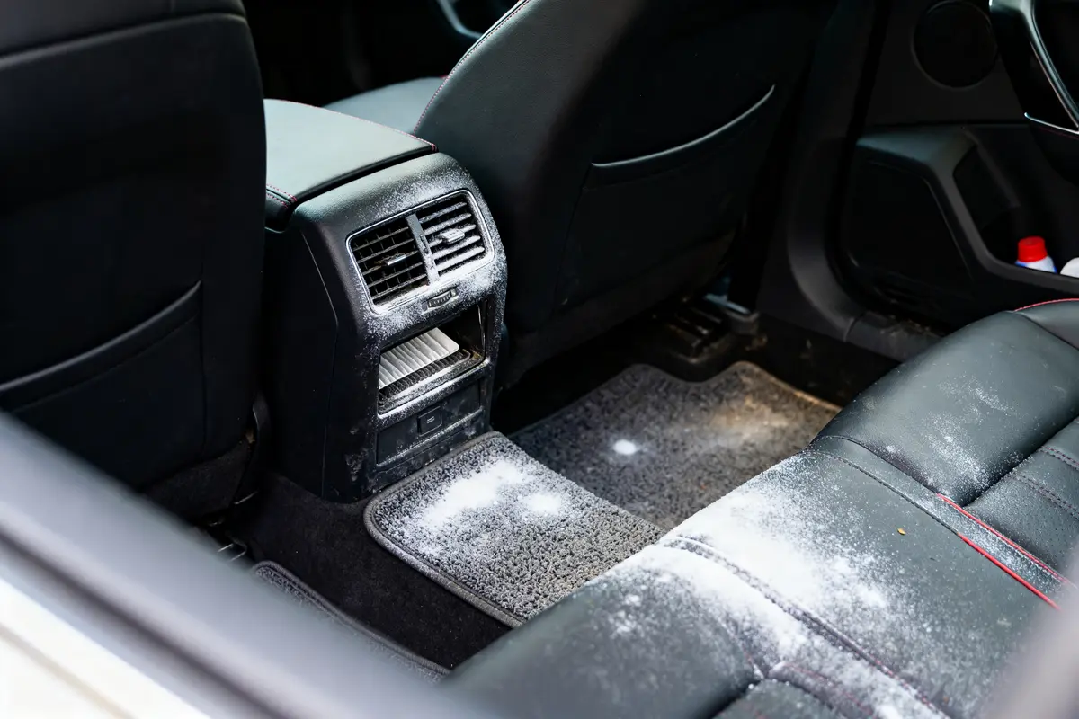 Poudre de bicarbonate sur tapis voiture pour how to freshen car interior efficacement