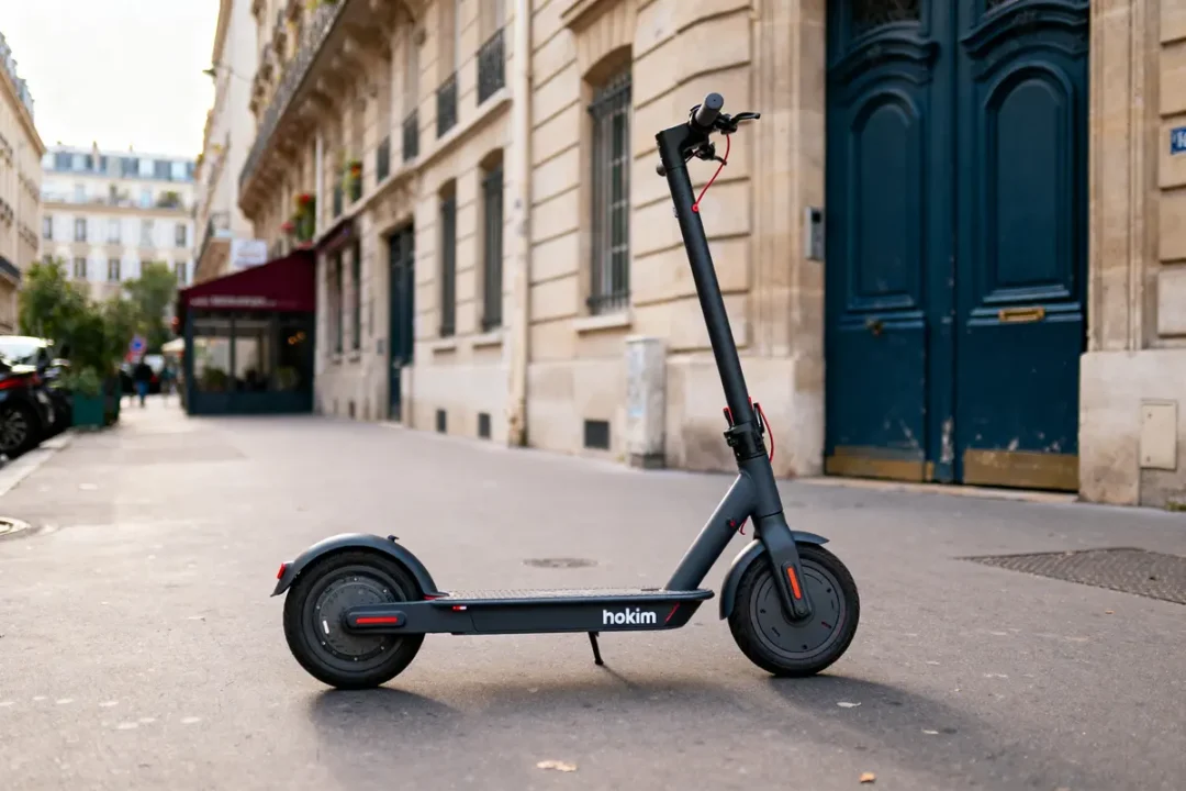 Trottinette électrique noire garée sur un trottoir parisien, architecture classique en arrière-plan.
