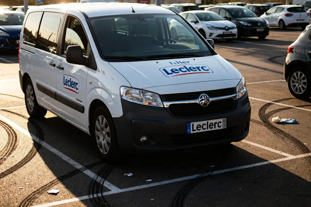 Minivan blanc Leclerc location véhicule 7 places stationné sur un parking ensoleillé