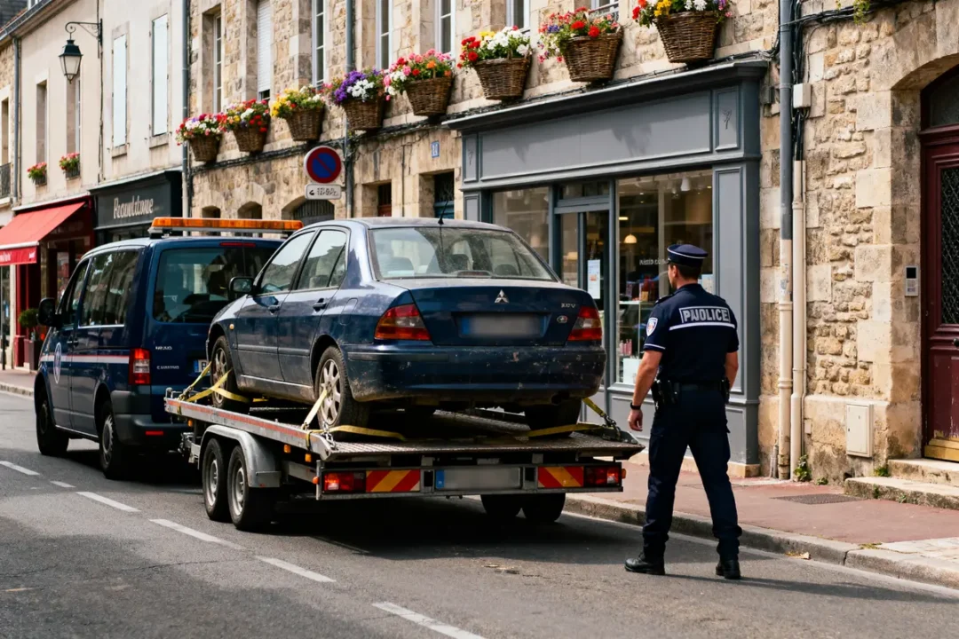 Voiture bleue remorquée par la police devant des bâtiments en pierre avec fleurs.