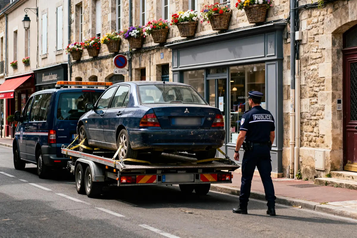 Voiture bleue remorquée par la police devant des bâtiments en pierre avec fleurs.