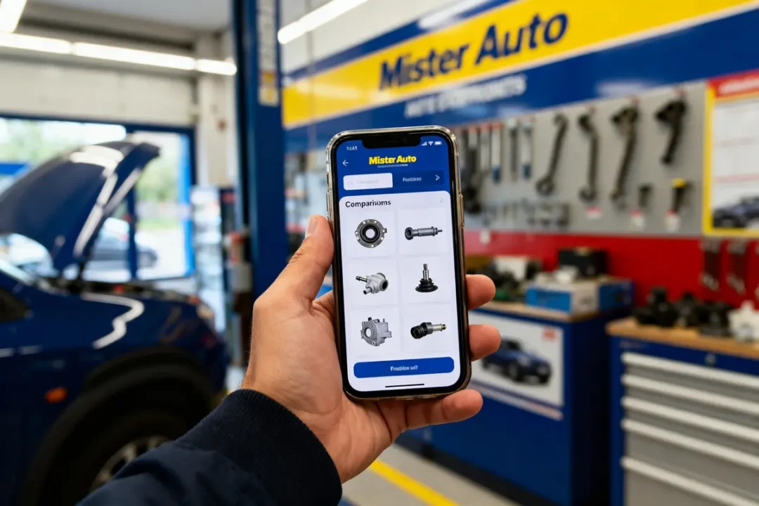 Main tenant un smartphone affichant des pièces automobiles, garage en arrière-plan.