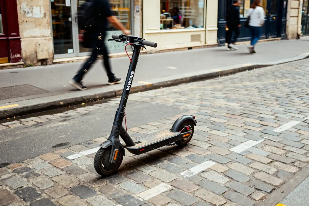 Trottinette Moove ge stationnée sur la chaussée pavée devant une vitrine parisienne animée