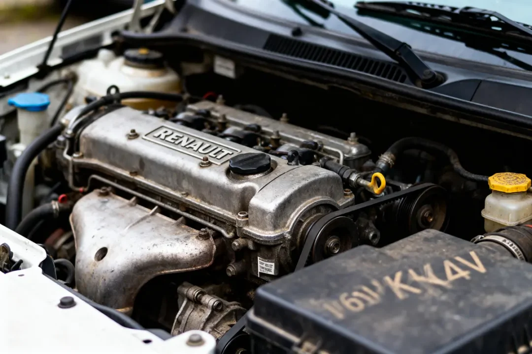 Moteur de voiture Renault visible sous le capot avec divers composants mécaniques autour.