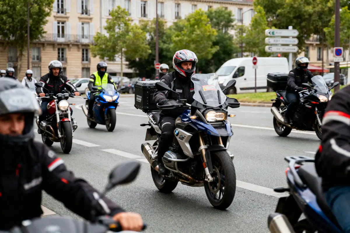 Groupe de motards avec casques roulant en ville, bâtiments et panneaux routiers en arrière-plan.