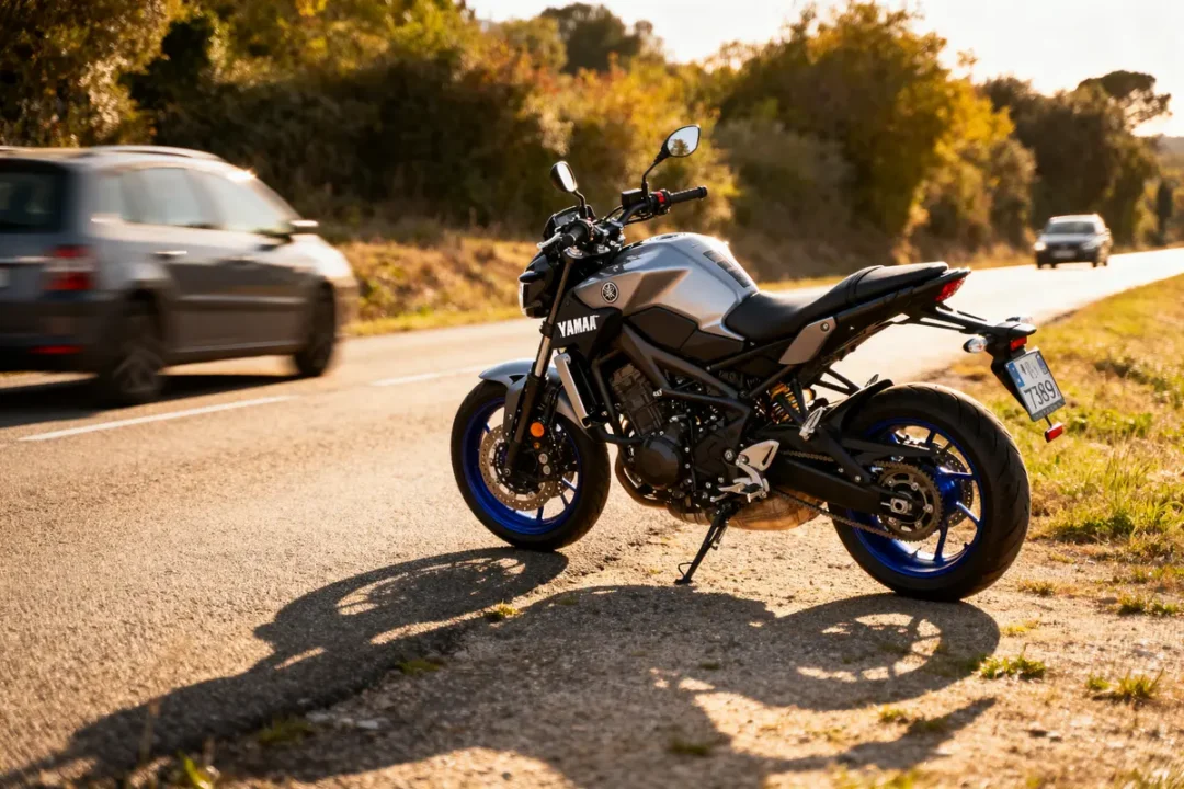 Moto Yamaha stationnée sur le bord de la route ensoleillée, avec voitures en arrière-plan.