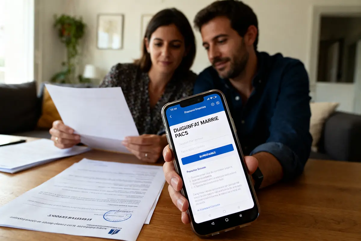 Couple vérifiant smartphone et papiers pour Natixis Interépargne déblocage à domicile