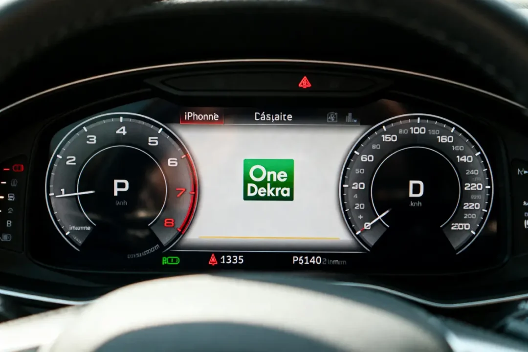 Tableau de bord numérique de voiture affichant le logo "One Dekra", indicateur vitesse et compte-tours.