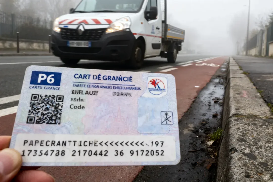 Carte de stationnement illisible tenue devant un camion blanc sur une route brumeuse.