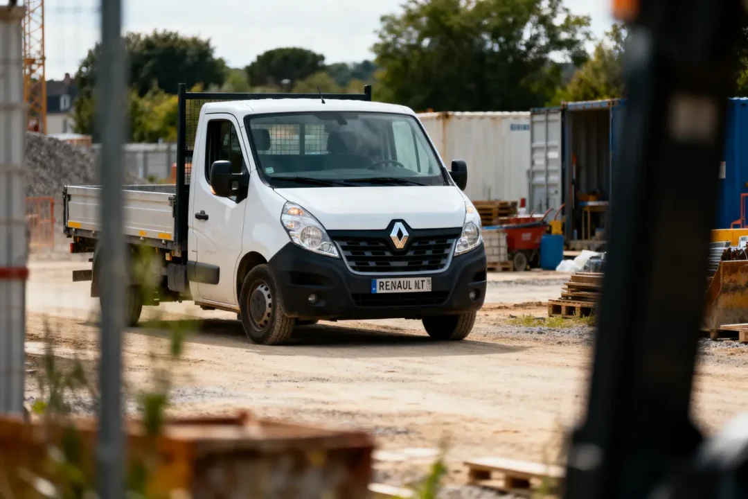 Camionnette blanche Renault sur un chantier de construction avec arbres et conteneurs en arrière-plan.