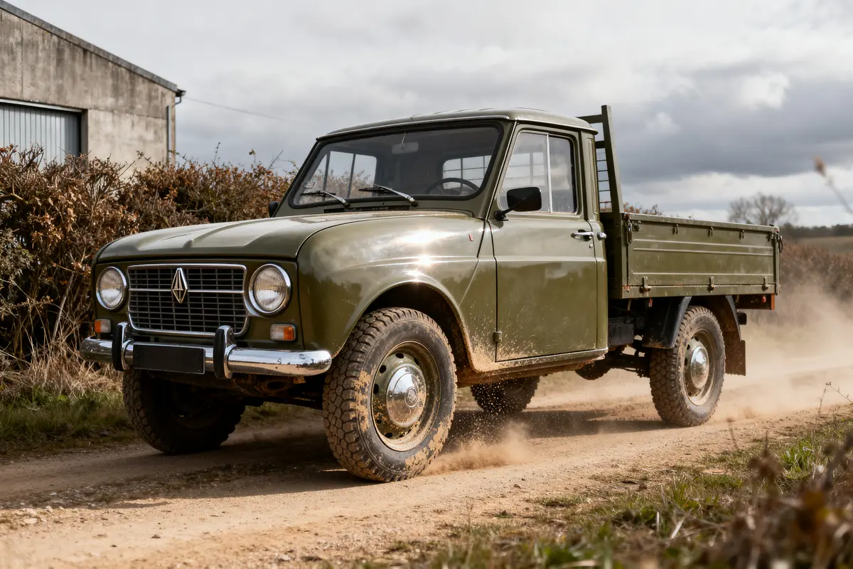 Camionnette ancienne verte Renault SG2 circulant sur un chemin de terre en campagne