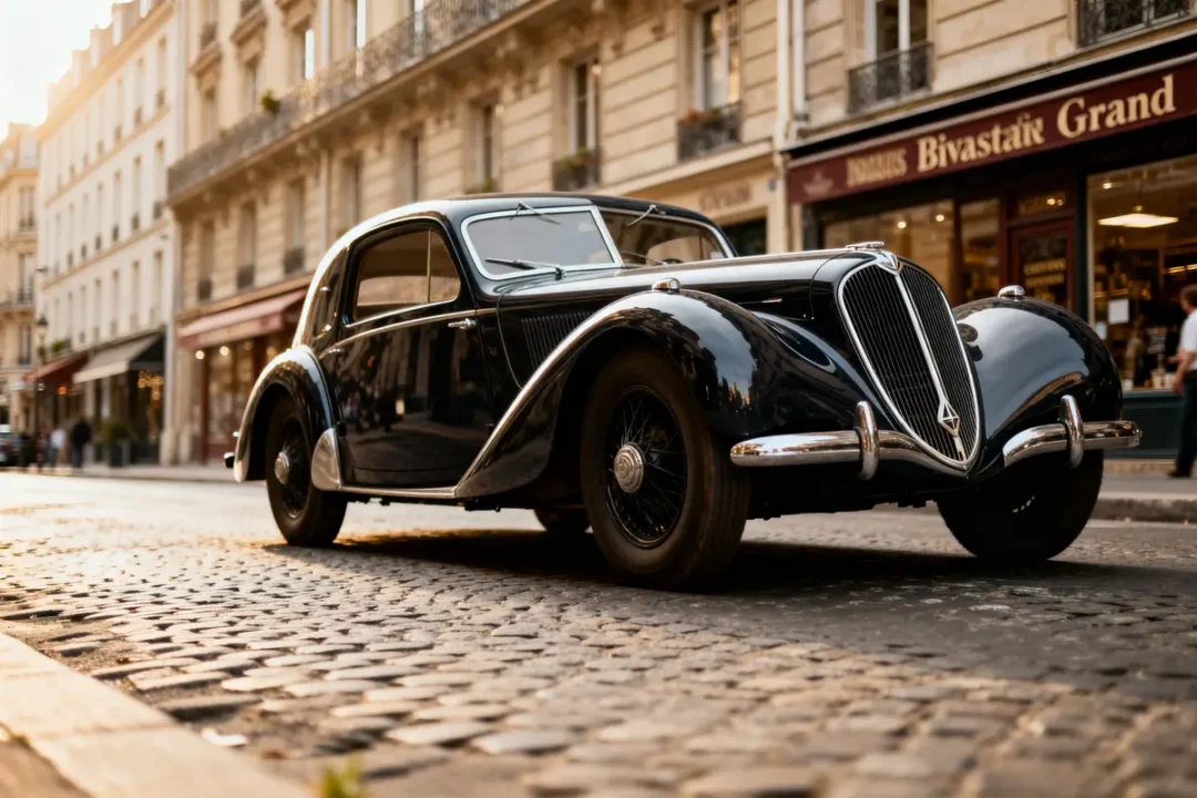 Voiture vintage Renault Vivastella Grand Sport noire sur une rue pavée à Paris