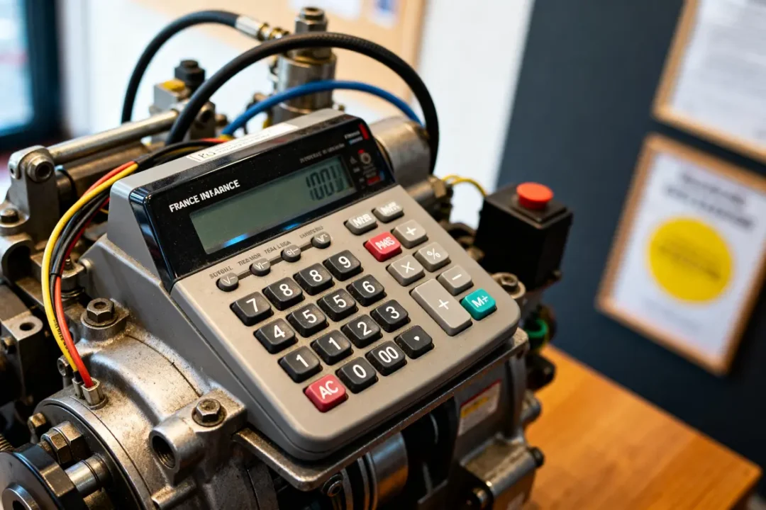 Calculatrice montée sur moteur mécanique illustrant la technologie sc automatic