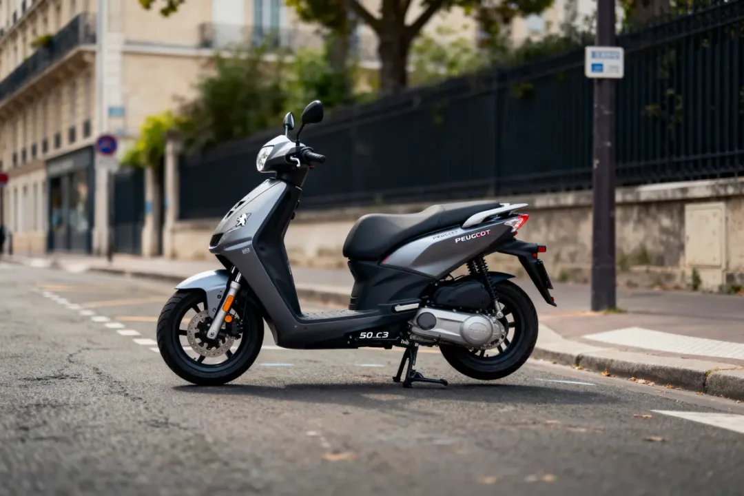 Scooter Peugeot stationné sur une rue pavée, avec arrière-plan urbain flou et arbres.