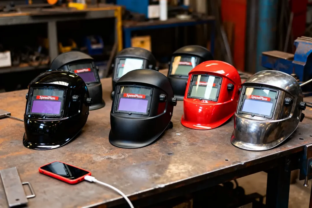 Casques de soudage colorés alignés sur une table métallique dans un atelier. Téléphone rouge à gauche.