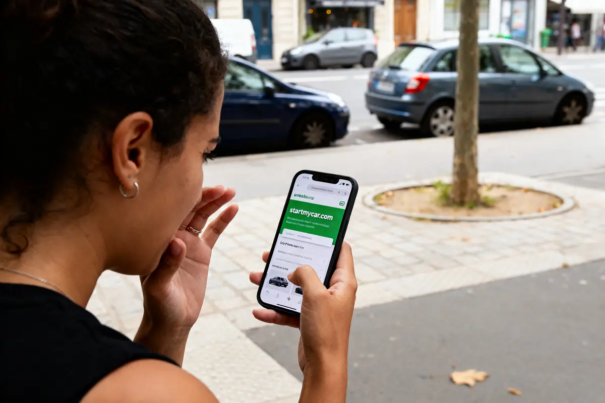 Personne utilisant le site startmycar com en français sur son téléphone en extérieur