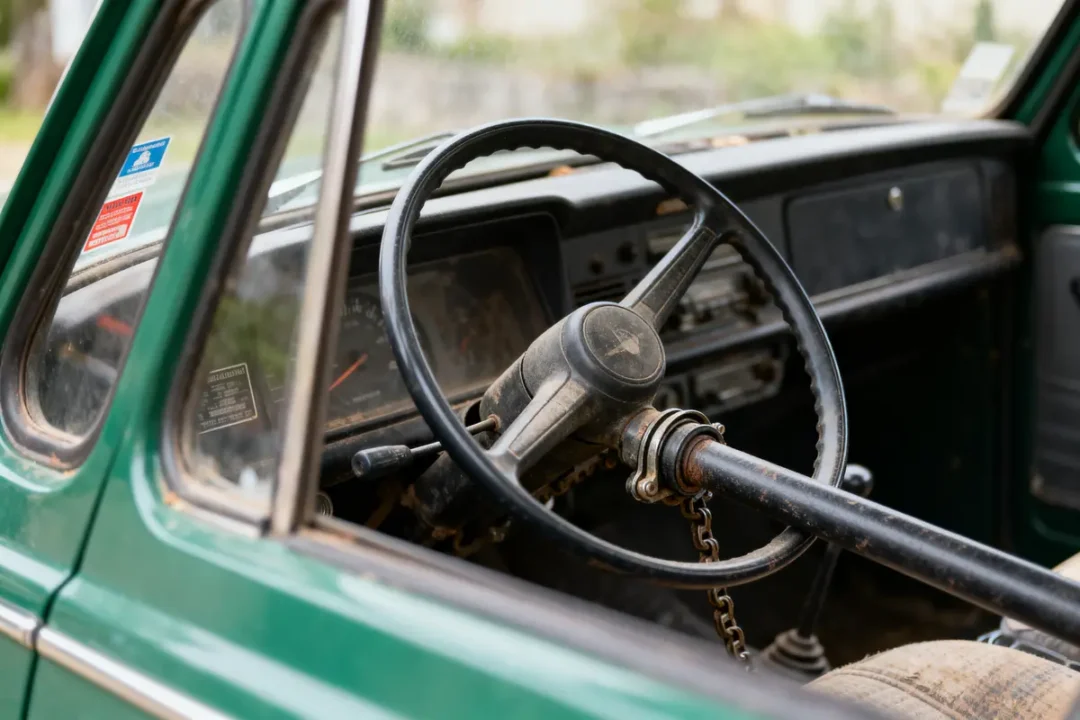 Intérieur d'une voiture vintage verte avec volant usé et tableau de bord vieilli.