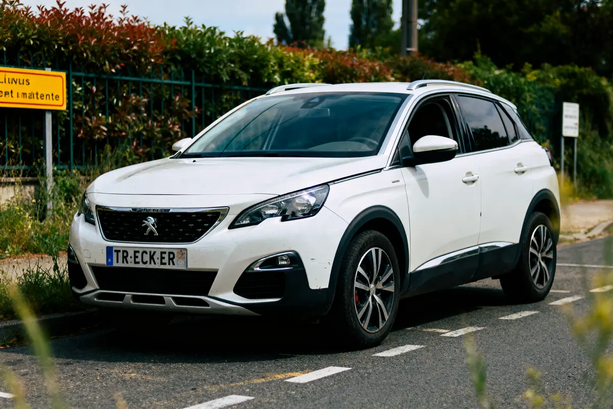 SUV blanc Peugeot garé sur une route, panneau jaune en arrière-plan, buissons alentours.
