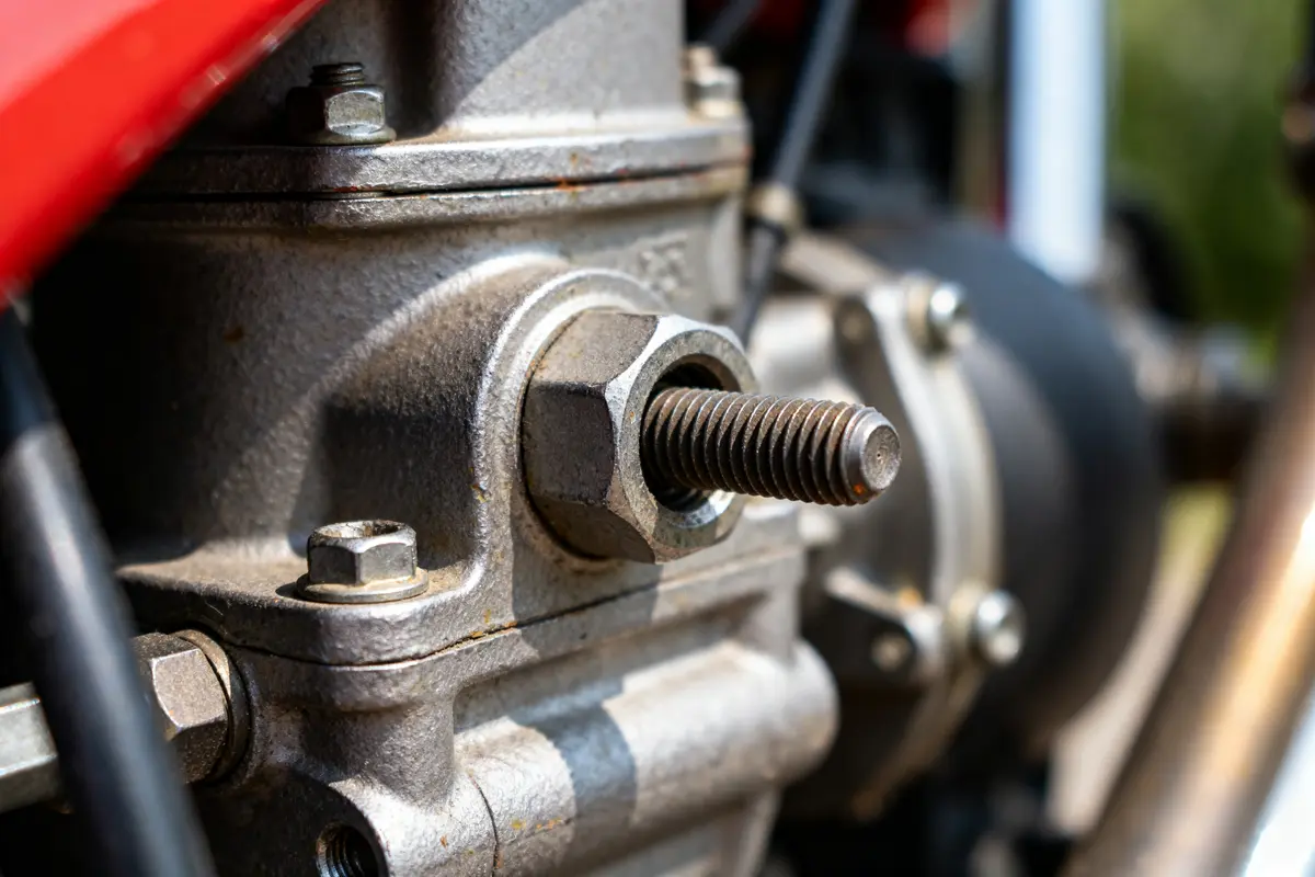 Gros plan sur moteur détaillant une vis d'air carbu en premier plan acier.