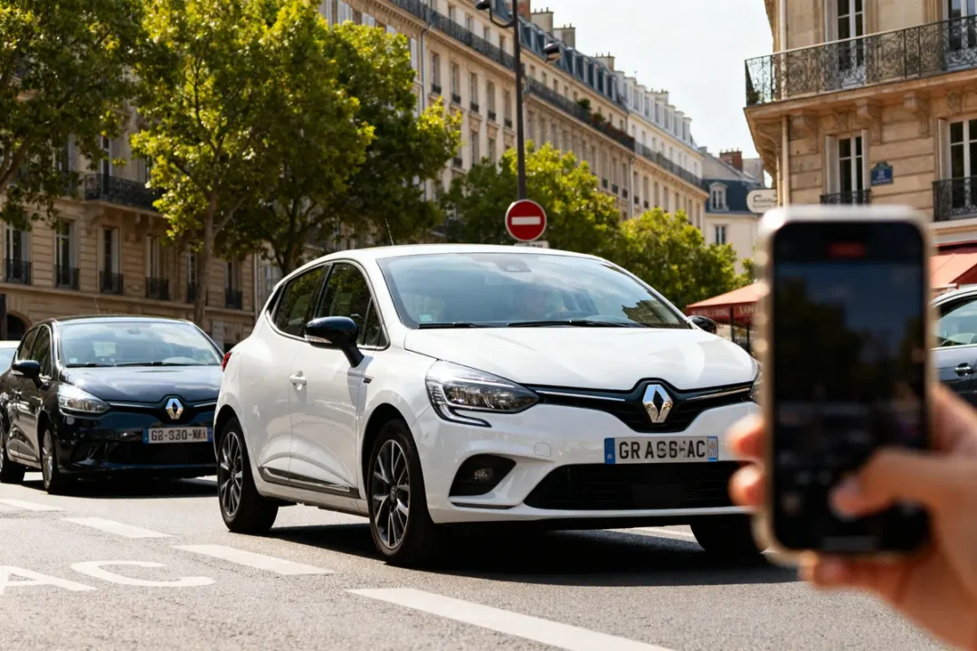 Voiture grac Renault blanche photographiée en ville avec un smartphone au premier plan