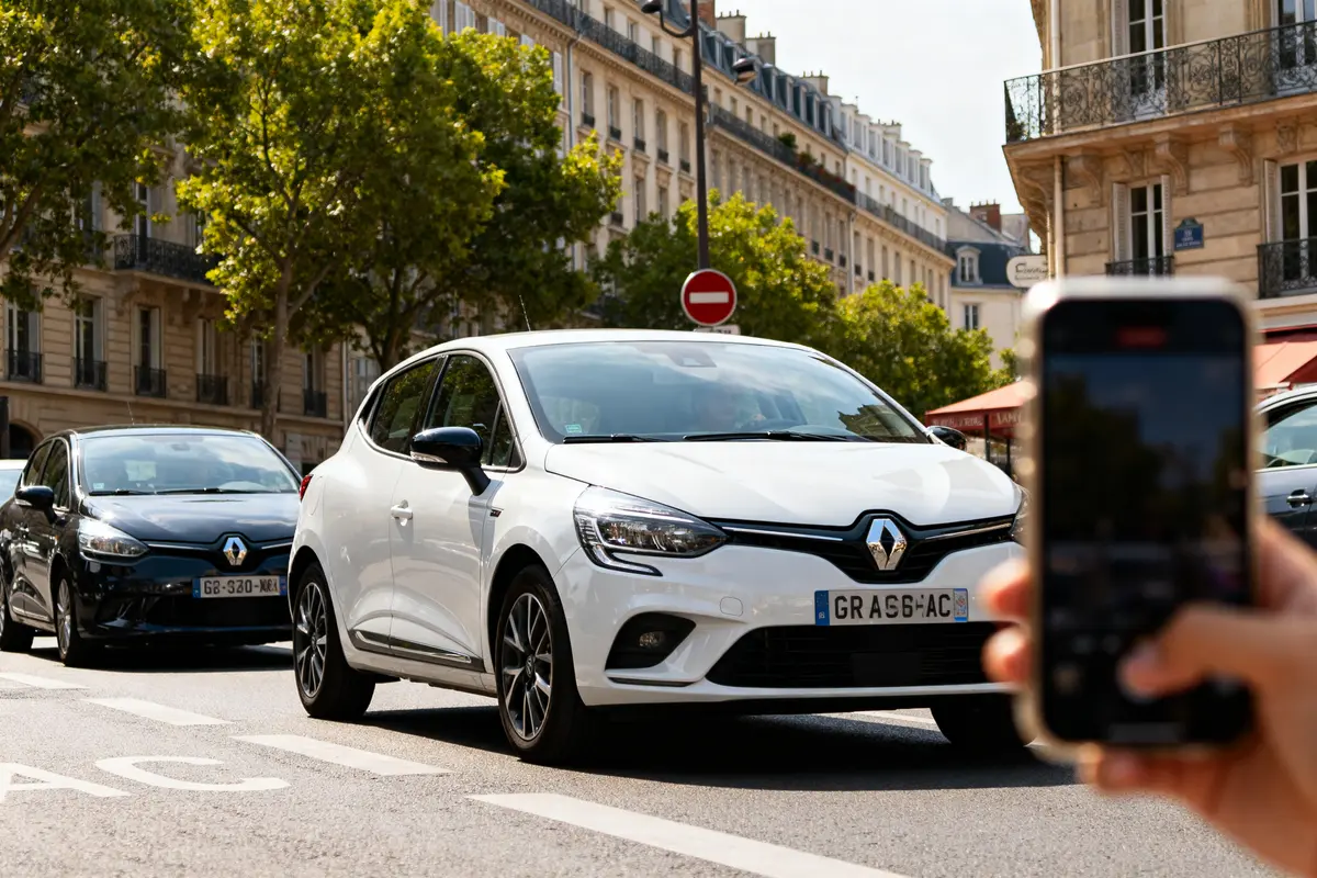 Voiture grac Renault blanche photographiée en ville avec un smartphone au premier plan