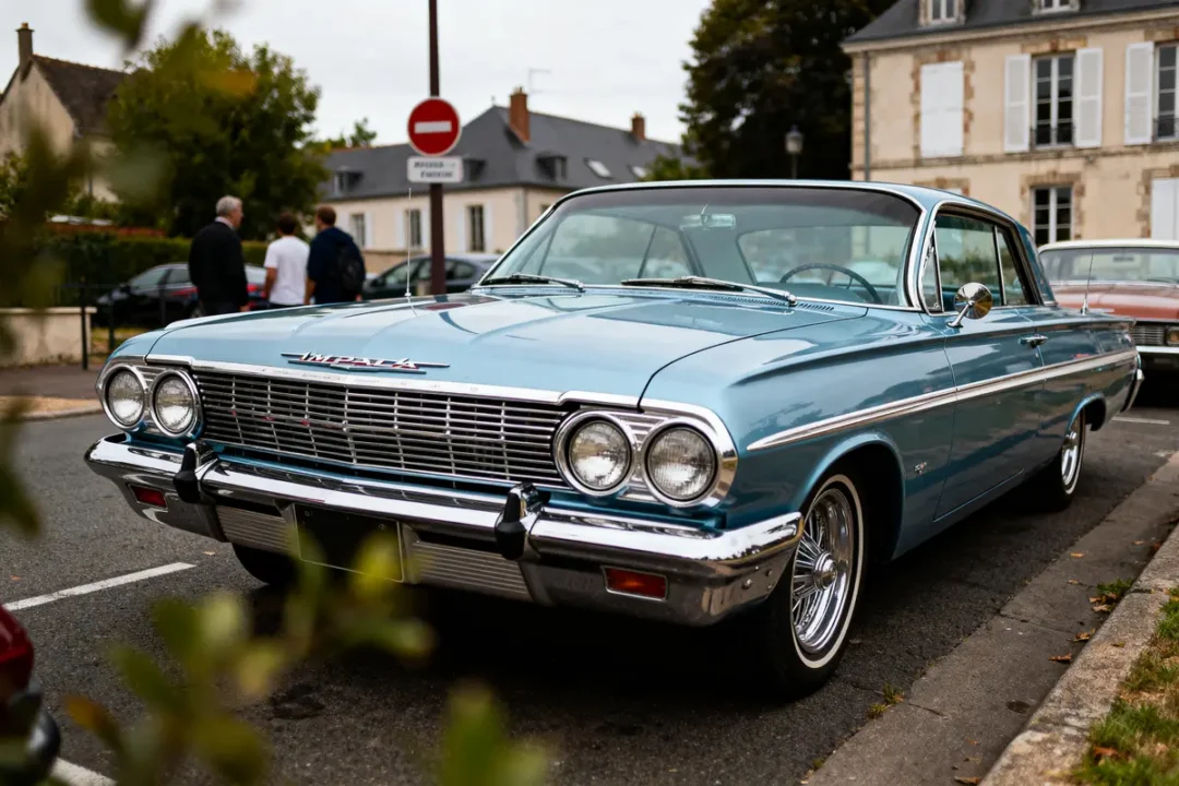 Voiture classique bleue garée dans la rue, bâtiments historiques en arrière-plan, ciel nuageux.