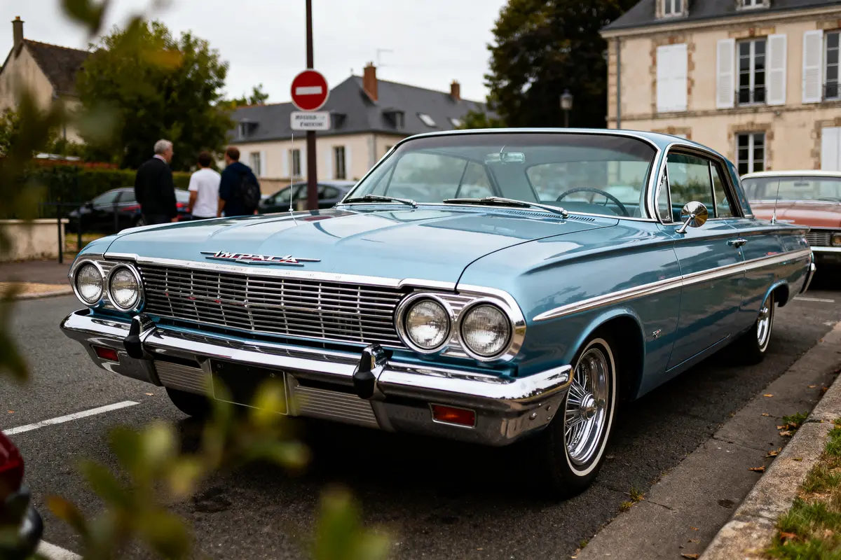 Voiture classique bleue garée dans la rue, bâtiments historiques en arrière-plan, ciel nuageux.