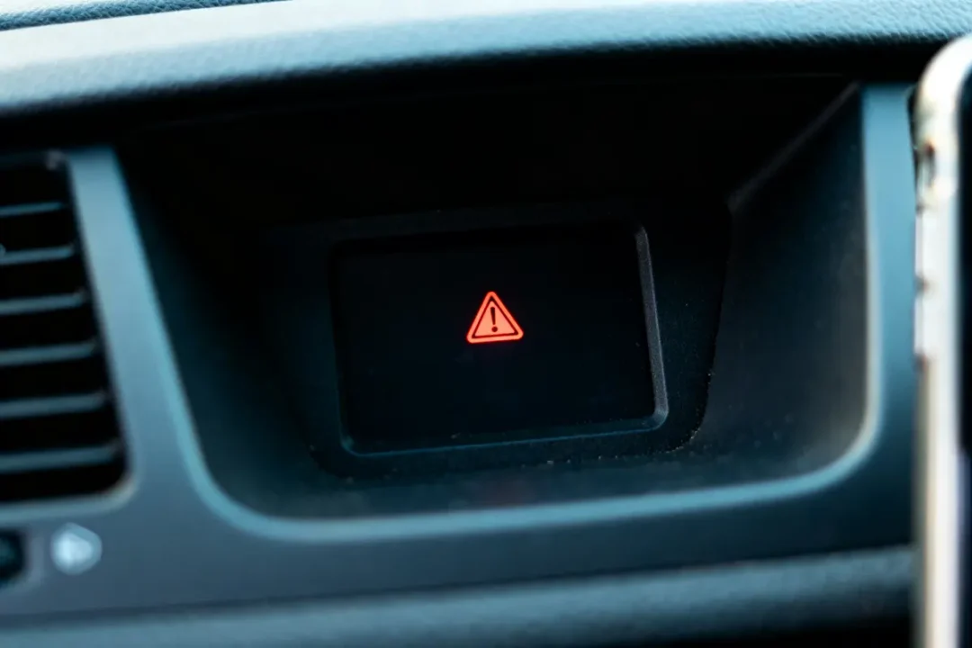 Voyant de danger rouge, point d'exclamation dans un triangle, sur tableau de bord de voiture.